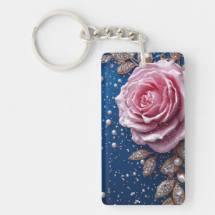 Elegant Pink Rose with Pearls and Crystals Key Ring