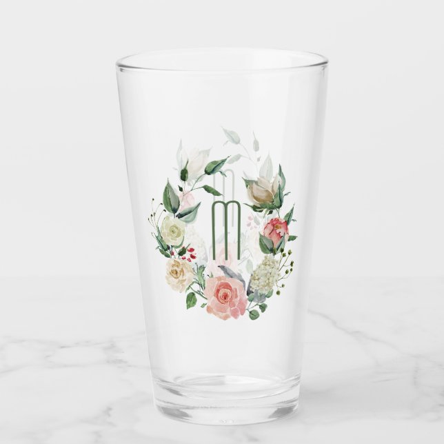 Elegant Pink Rose Wreath Monogram Glass (Front)