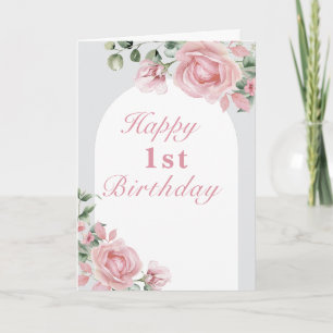 Elegant Pink Roses 1st Birthday Party  Card