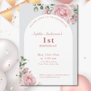 Elegant Pink Roses 1st Birthday Party Invitation