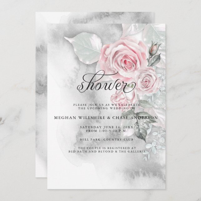 Elegant Pink Roses and Grey Watercolor Invitation (Front/Back)