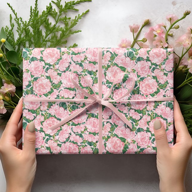 Elegant Pink Roses and Monstera Leaves Floral Wrapping Paper (Creator Uploaded)