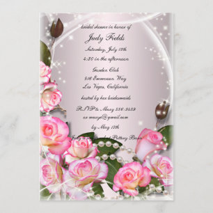 Elegant Pink Roses And Pearls Bridal Shower Invite
