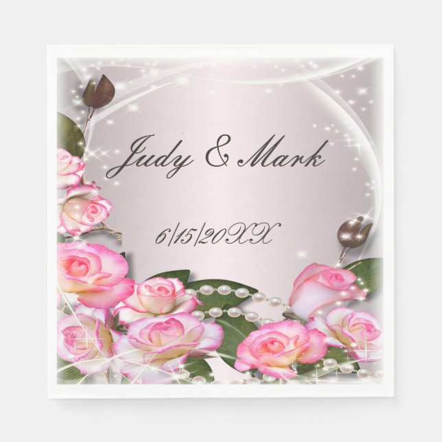 Elegant Pink Roses And Pearls Paper Napkins (Front)