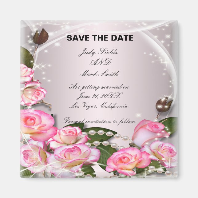 Elegant Pink Roses And Pearls Save The Date Magnet (Front)