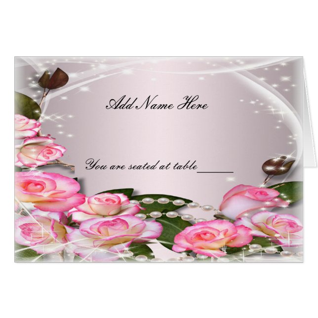 Elegant Pink Roses And Pearls Table Place Card (Front Horizontal)