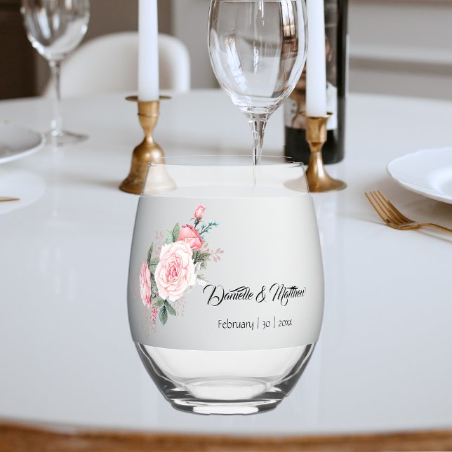 Elegant Pink Roses and Silver Wedding  Stemless Wine Glass (Creator Uploaded)