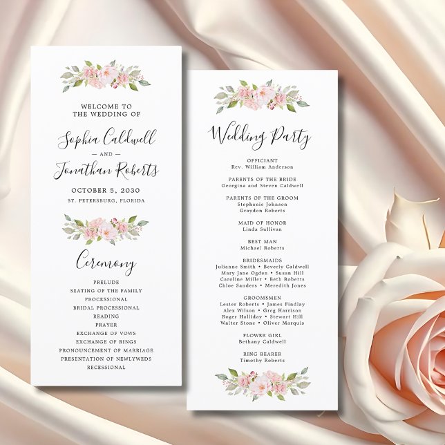 Elegant Pink Roses Calligraphy Wedding Program (Elegant Pink Roses Custom Wedding Program)