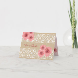 Elegant Pink Roses Damask Lace Wedding Thank You Card