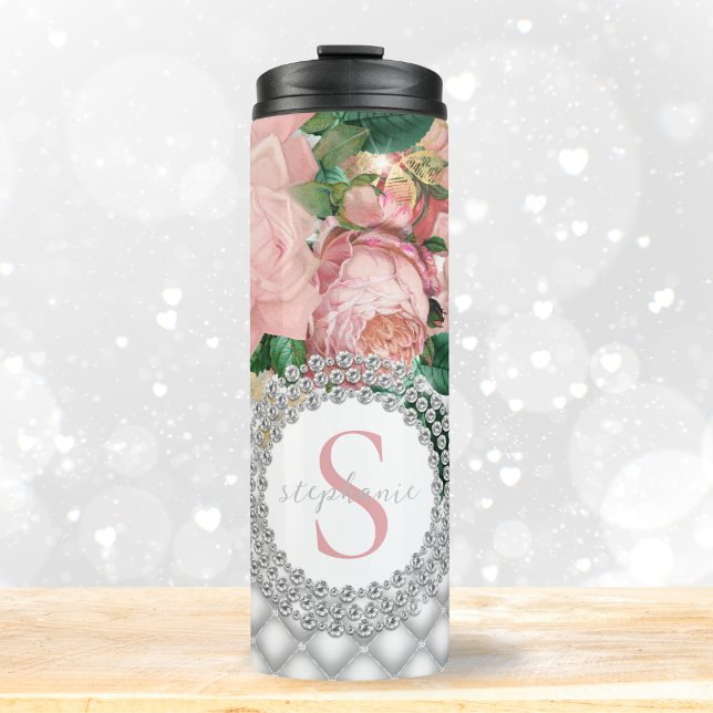 Elegant Pink Roses Diamonds Monogram Thermal Tumbler (Mockup View)
