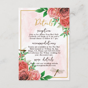Elegant Pink Roses & Dragonflies Reception RSVP Card