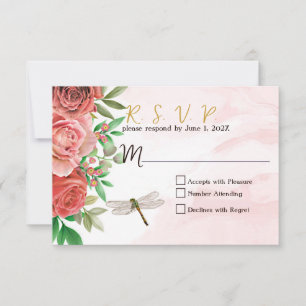 Elegant Pink Roses & Dragonflies Wedding RSVP