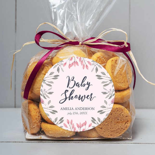 Elegant Pink Roses Floral Baby Shower Classic Round Sticker (Creator Uploaded)