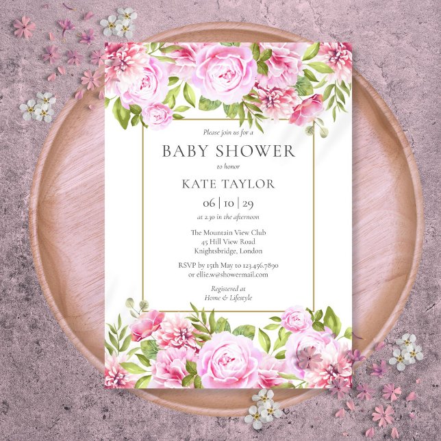 Elegant Pink Roses Floral Baby Shower Invitation (Elegant Pink Roses Floral Baby Shower Invitation)