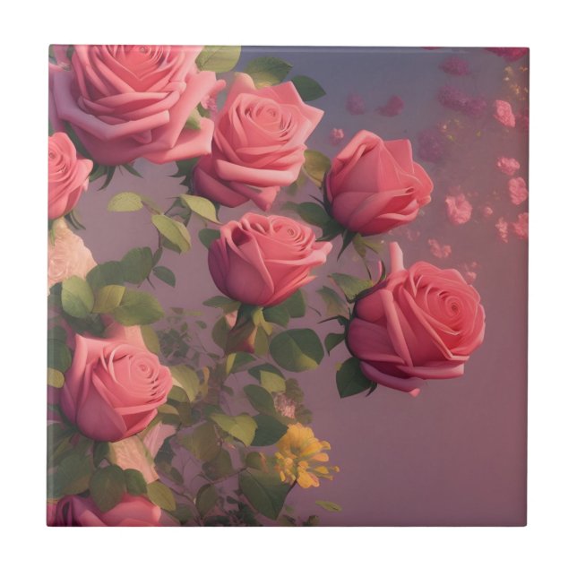 Elegant Pink Roses Floral Decorative Ceramic Tile (Front)