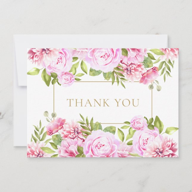 Elegant Pink Roses Floral Gold Geometric Thank You Card (Front)