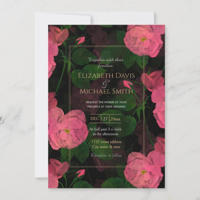 Elegant Pink Roses Floral Painting Black Design Invitation (Front)