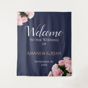 Elegant Pink Roses Floral Wedding Welcome Backdrop Tapestry