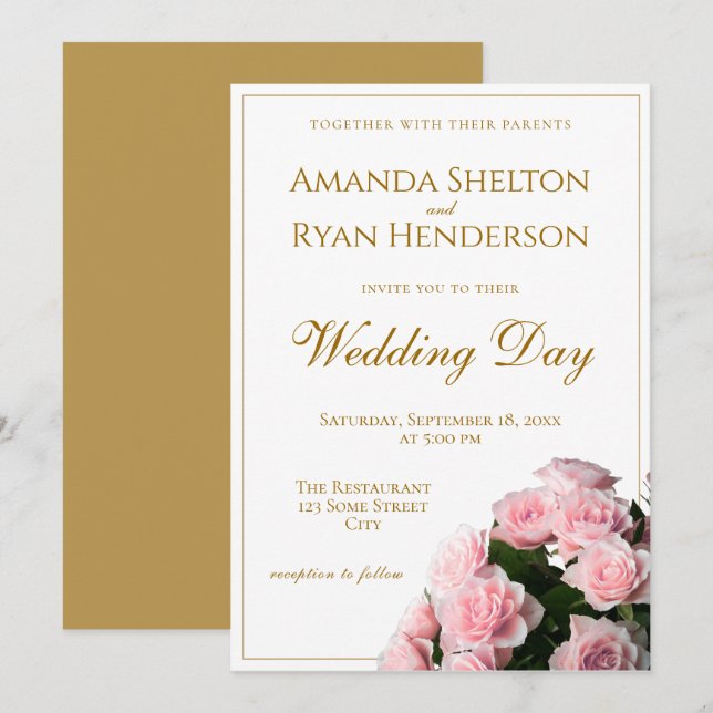Elegant Pink Roses Flowers Floral Wedding Invitation (Front/Back)