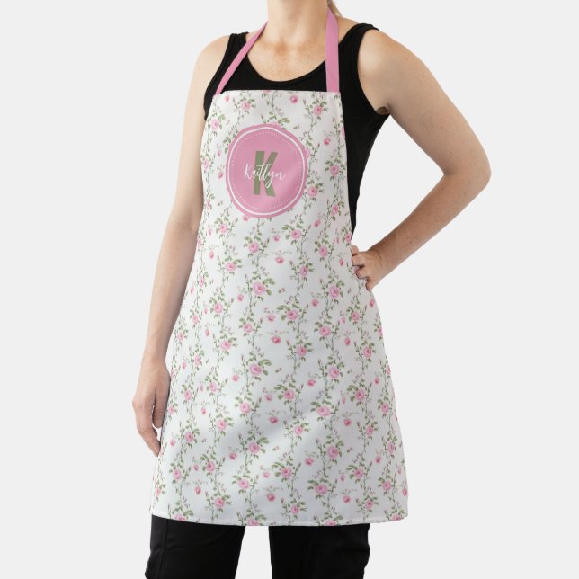  Elegant Pink Roses Flowers Pattern Monogram Apron (Insitu)