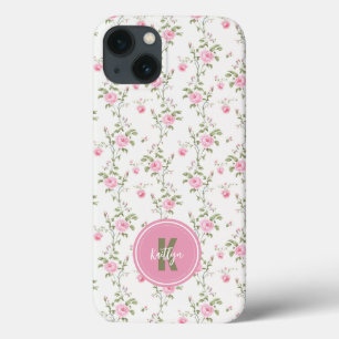 Elegant Pink Roses Flowers Pattern Monogram iPhone 13 Case