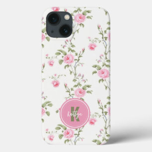 Elegant Pink Roses Flowers Pattern Monogram iPhone 13 Case