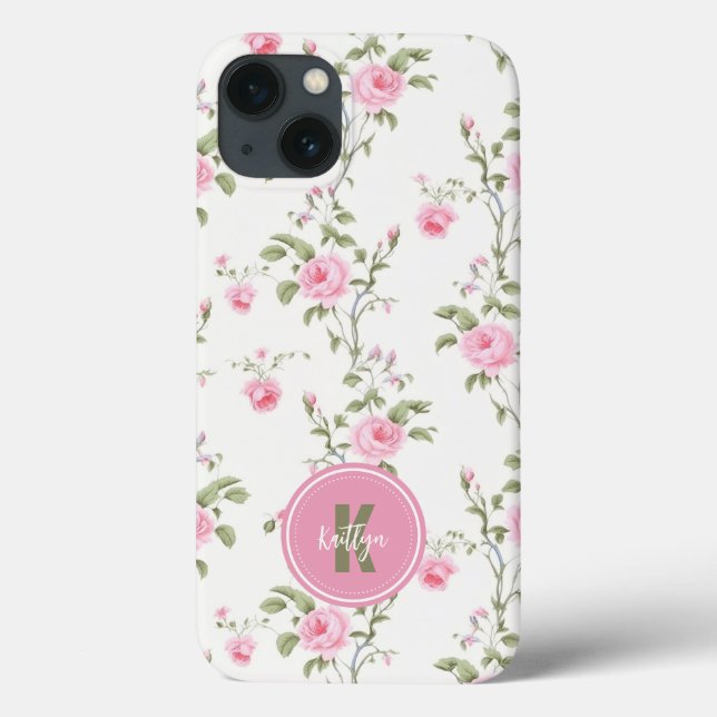 Elegant Pink Roses Flowers Pattern Monogram Case-Mate iPhone Case (Back)