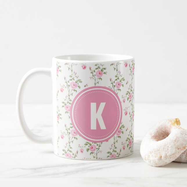 Elegant Pink Roses Flowers Pattern Monogram Coffee Mug (With Donut)