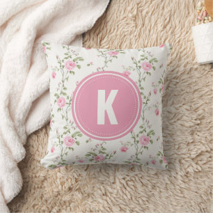 Elegant Pink Roses Flowers Pattern Monogram Cushion