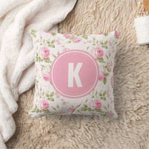 Elegant Pink Roses Flowers Pattern Monogram Cushion