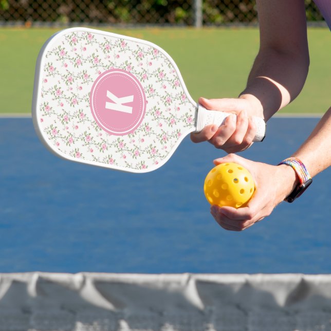 Elegant Pink Roses Flowers Pattern Monogram Pickleball Paddle (Insitu)