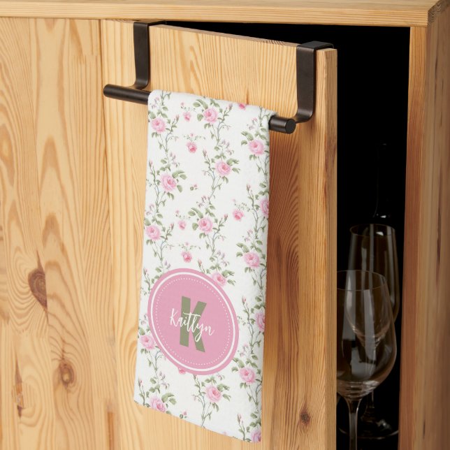  Elegant Pink Roses Flowers Pattern Monogram Tea Towel (Thirds Fold)