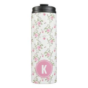 Elegant Pink Roses Flowers Pattern Monogram Thermal Tumbler