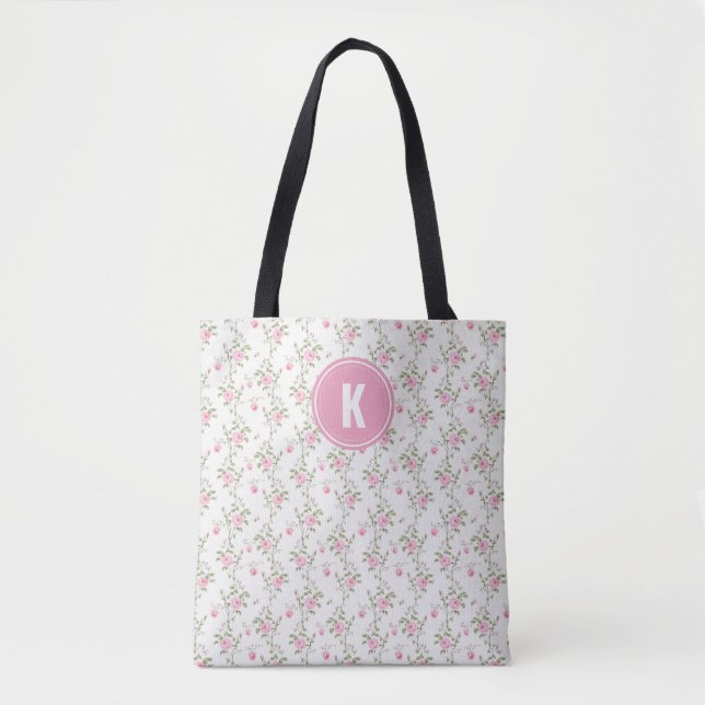 Elegant Pink Roses Flowers Pattern Monogram Tote Bag (Front)