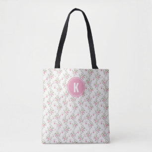 Elegant Pink Roses Flowers Pattern Monogram Tote Bag
