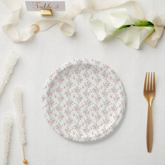 Elegant Pink Roses Flowers Pattern Paper Plate (Wedding)