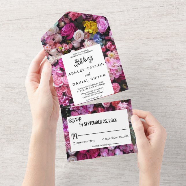 Elegant Pink Roses Flowers Summer Floral Wedding All In One Invitation (Tearaway)