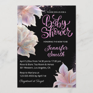 elegant pink roses glitters girl baby shower black invitation