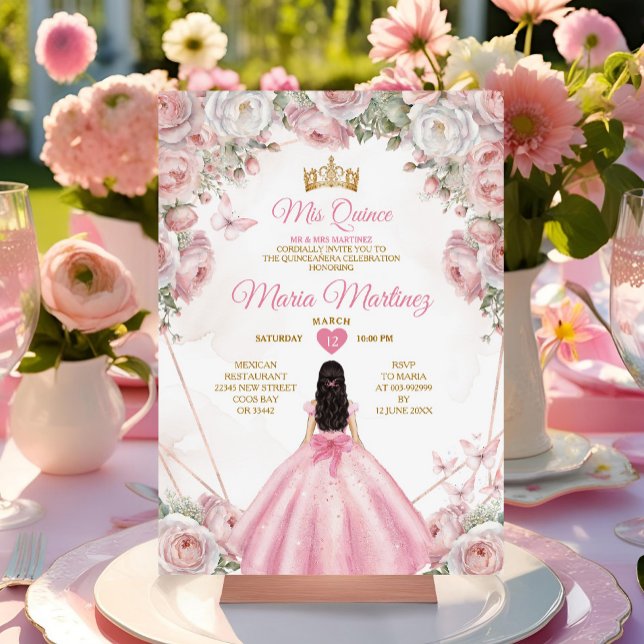 Elegant Pink Roses Gold Crown Butterfly Mis Quince Invitation (Creator Uploaded)