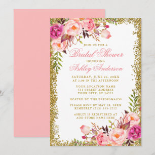 Elegant Pink Roses Gold Glitter Bridal Shower Invitation