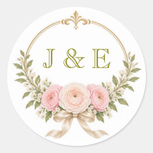 Elegant Pink Roses Gold Monogram Round Stickers