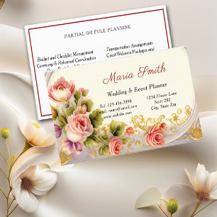 Elegant Pink Roses Gold Wedding Event Planner Business Card