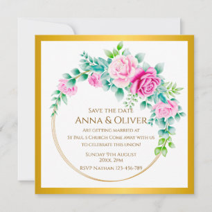 Elegant  Pink Roses Gold Wreath Save the Date Invitation