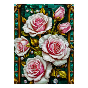 Elegant Pink Roses in a Luxurious Gold Poster