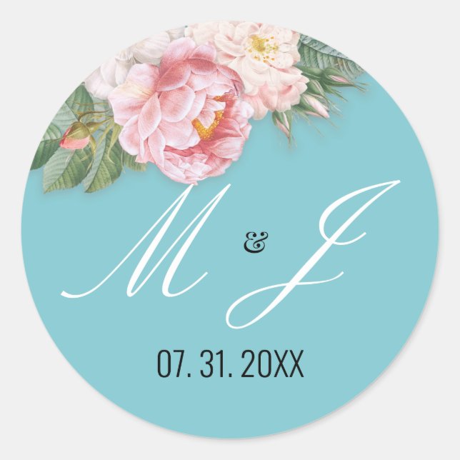 Elegant Pink Roses Light Blue Romantic Wedding Classic Round Sticker (Front)