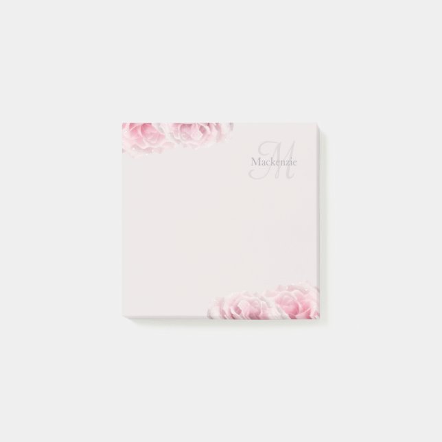 Elegant Pink Roses Monogram Custom Name Floral  Post-it Notes (Front)