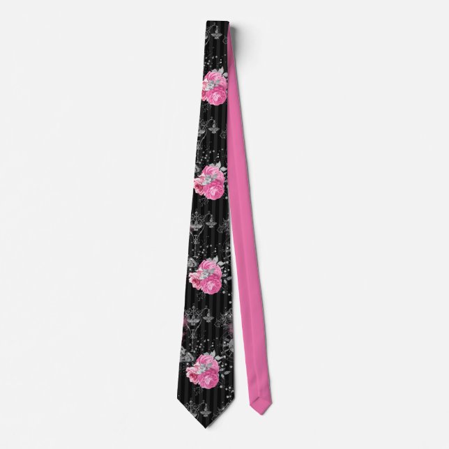 Elegant Pink Roses on Black Stripes Pattern Tie (Front)