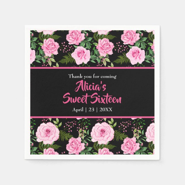 Elegant Pink Roses On Modern Black Sweet Sixteen Napkin (Front)