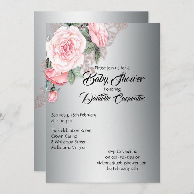 Elegant Pink Roses on Silver Baby Shower Invitation (Front/Back)