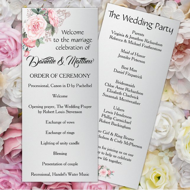 Elegant Pink Roses on Silver Wedding Program (Creator Uploaded)